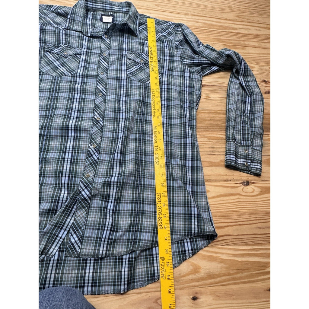 Wrangler Western Shirt Men's Size 2XT Pearl Snap Long Sleeve Blue Green Plaid