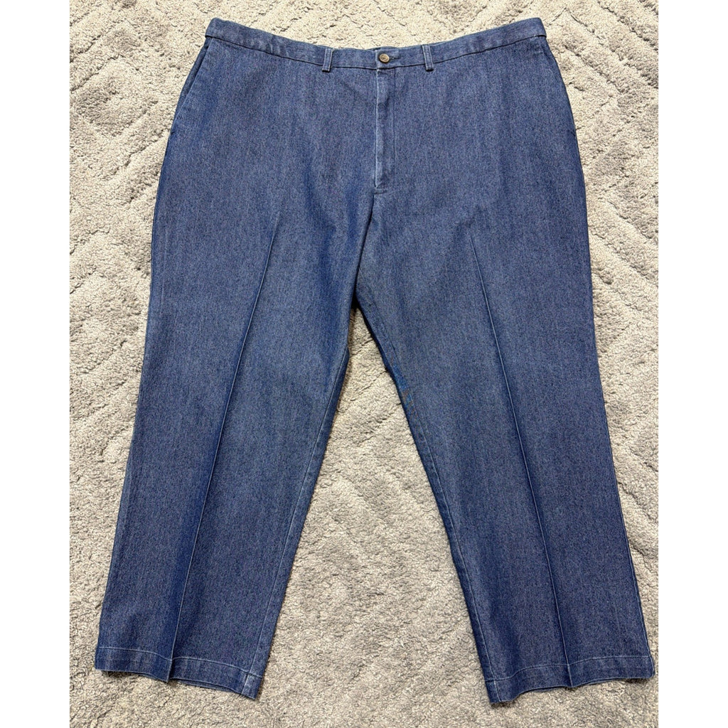 Haggar Premium Denim Trouser Dress Pants Blue Classic Fit Pleated 46x30 Stretch