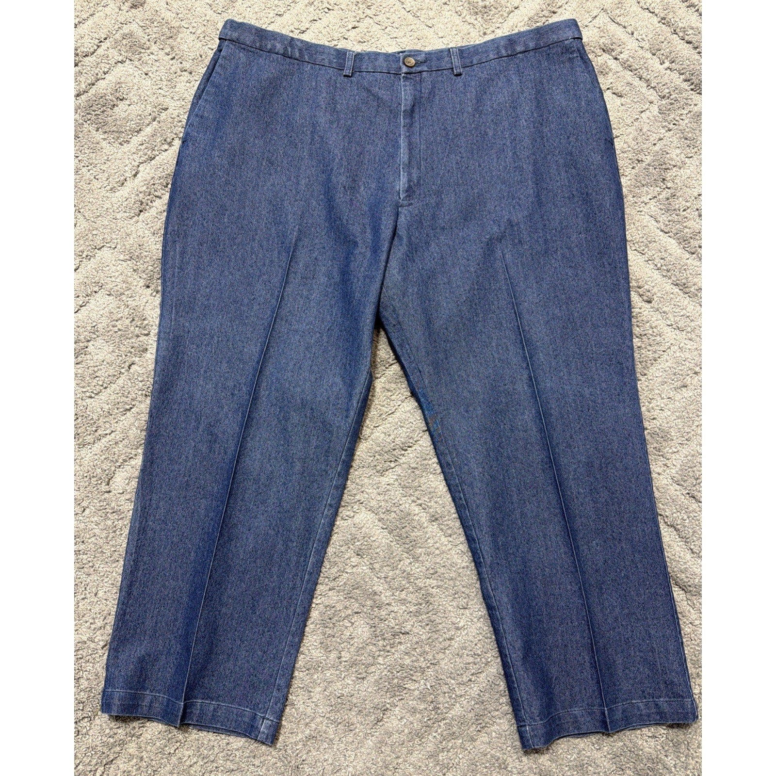 Haggar Premium Denim Trouser Dress Pants Blue Classic Fit Pleated 46x30 Stretch