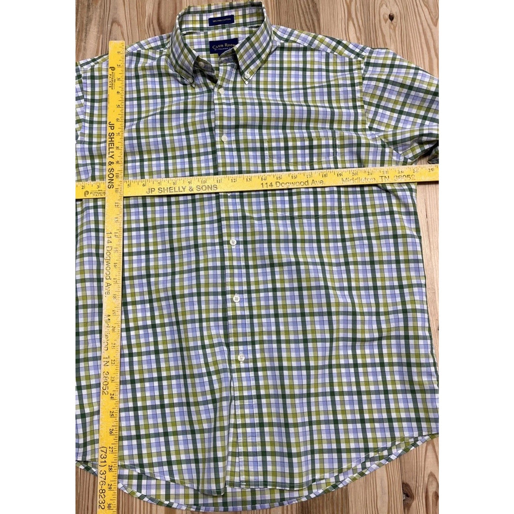 Club Room by Charter Club Men's Blue Green Plaid Button Front Shirt L Pima Cott