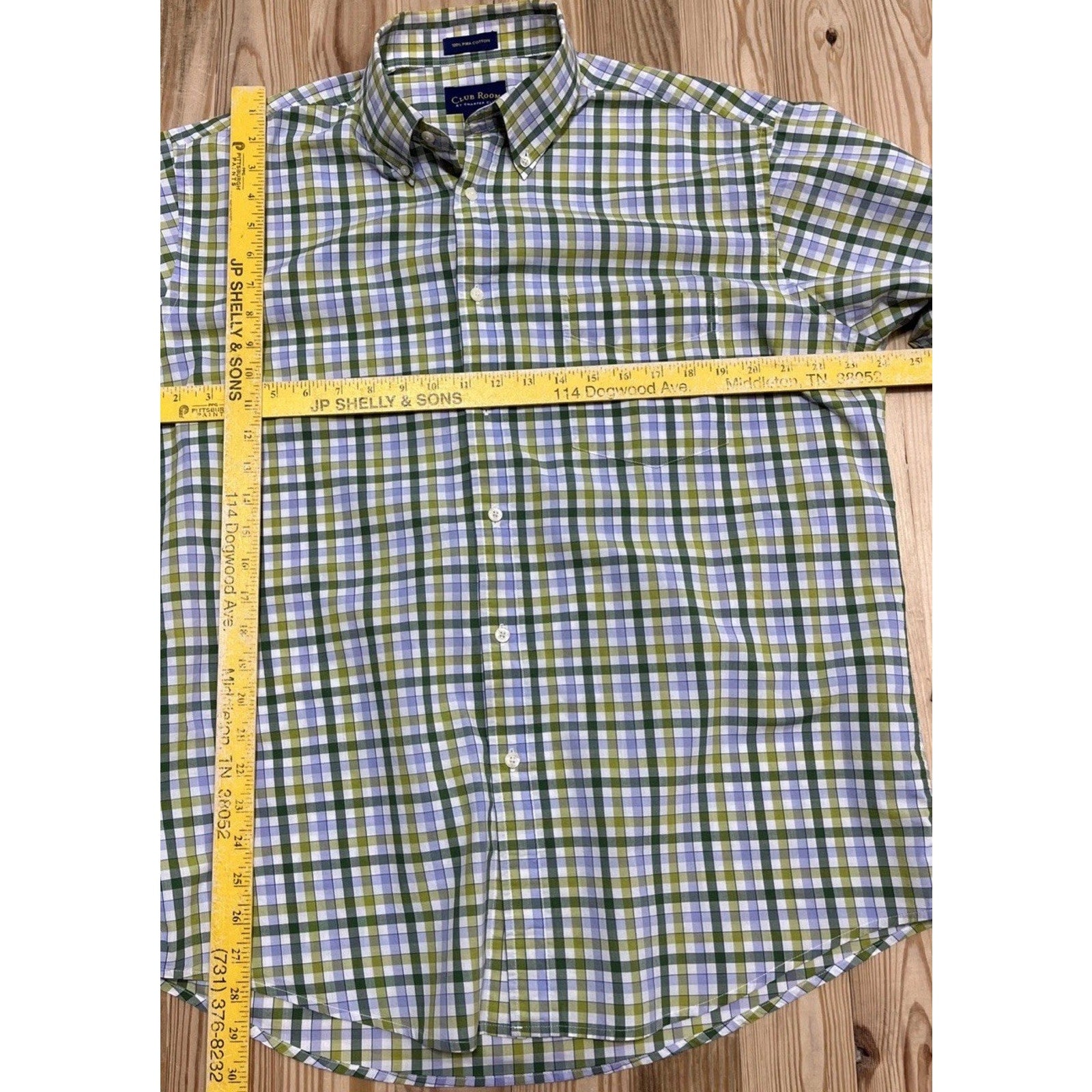 Club Room by Charter Club Men's Blue Green Plaid Button Front Shirt L Pima Cott