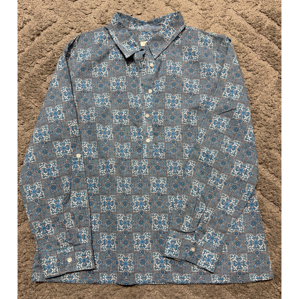Talbots Popover Blue Medallion Scene Print 1/2 Button Shirt MP Career Casual