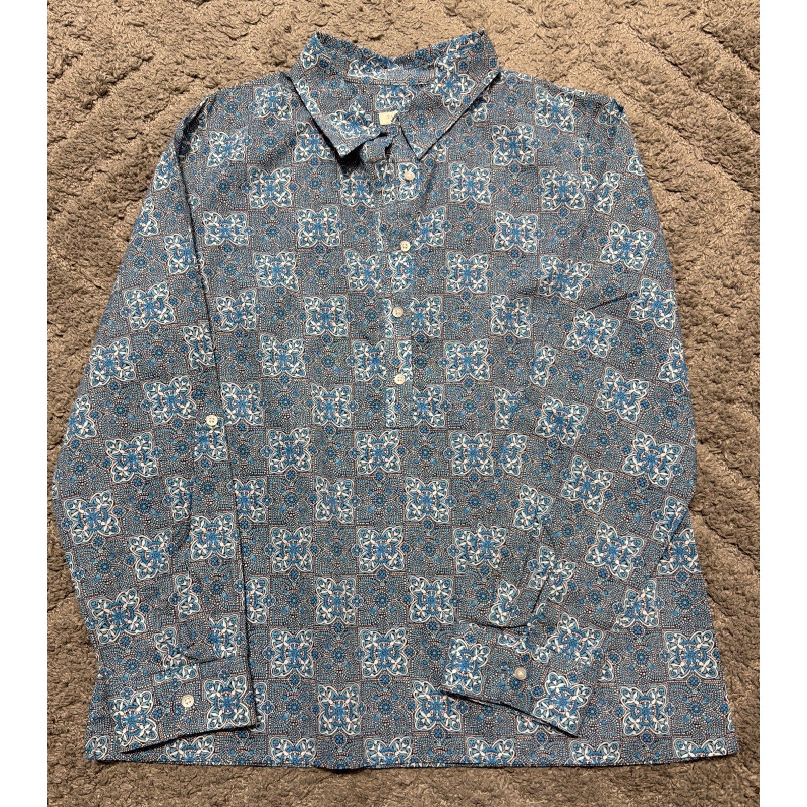 Talbots Popover Blue Medallion Scene Print 1/2 Button Shirt MP Career Casual