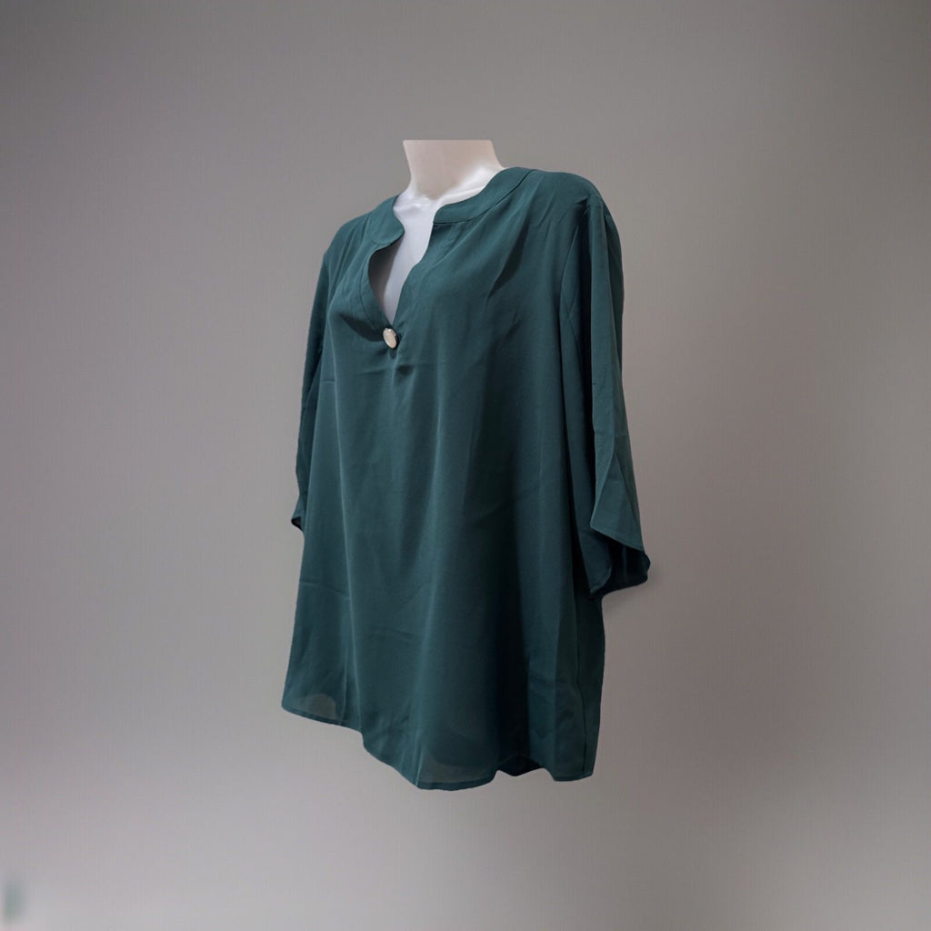 FUNLINGO Size 2XL Women's Green V-Neck Button Decorated 3/4 Sleeve Blouse NWT