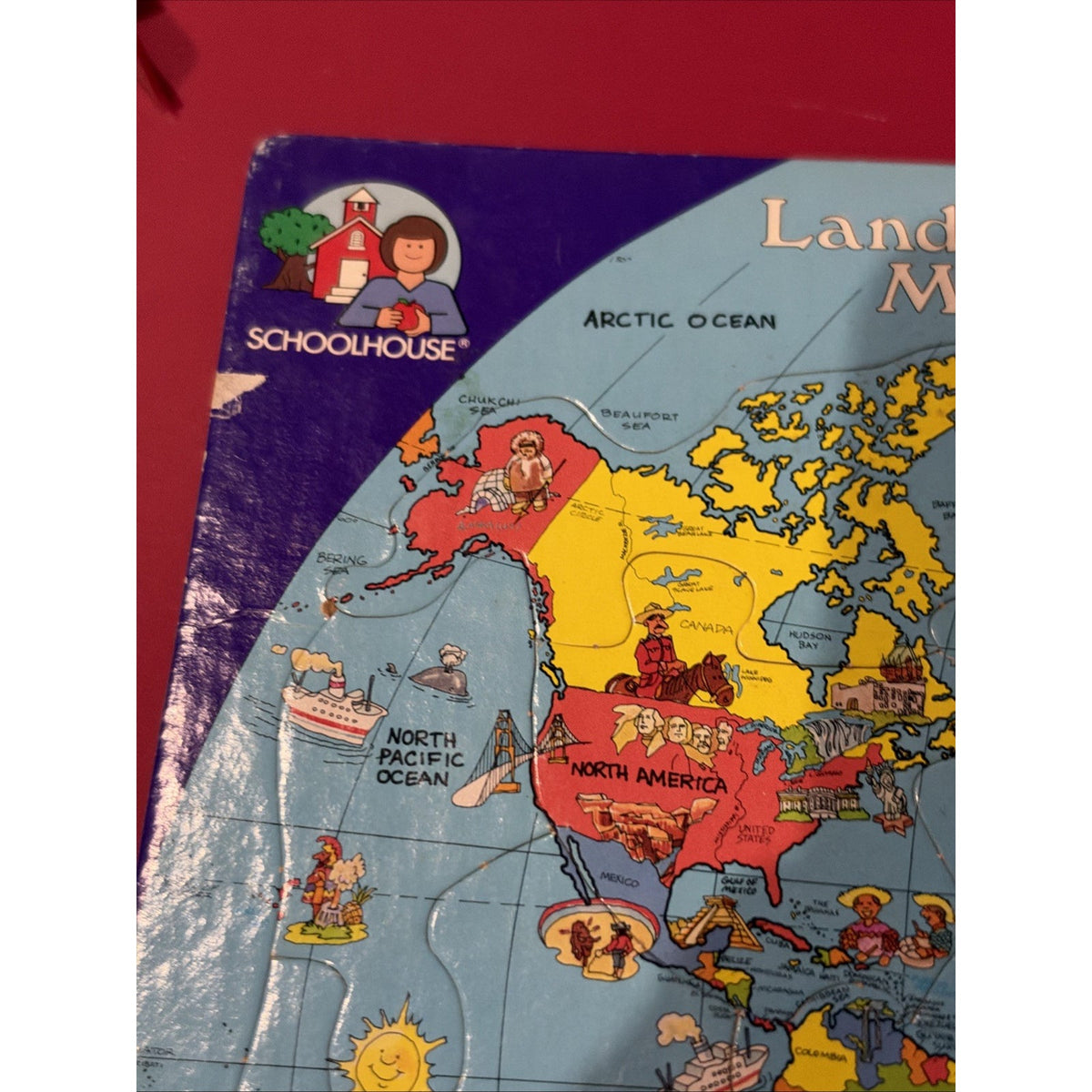 1989 Random House Schoolhouse Landmark Map of the World Frame Tray Puzzle USA