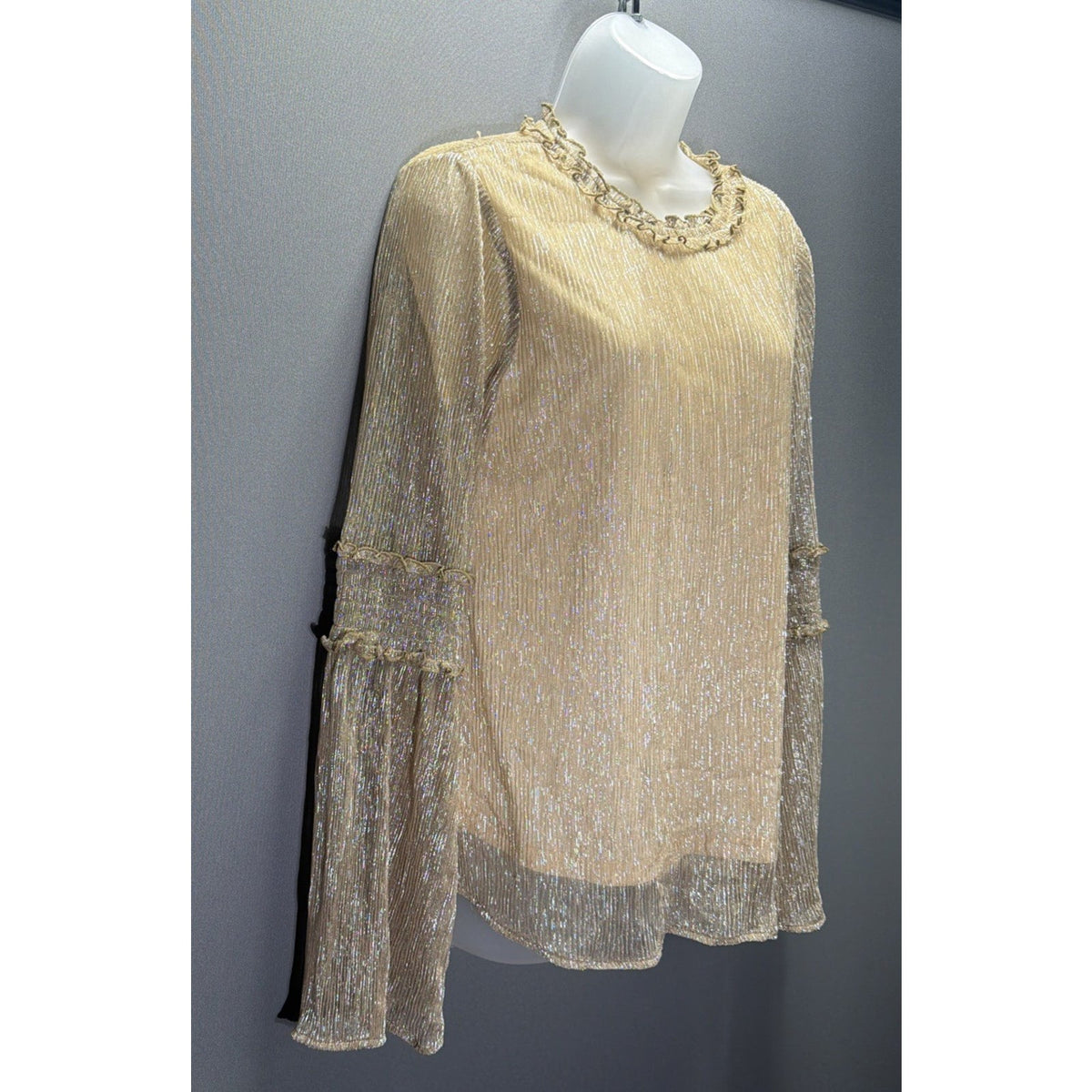 Savanna Jane Champagne Gold Metallic Bell Sleeve Boho Top Tired Ruffle Sleeve S