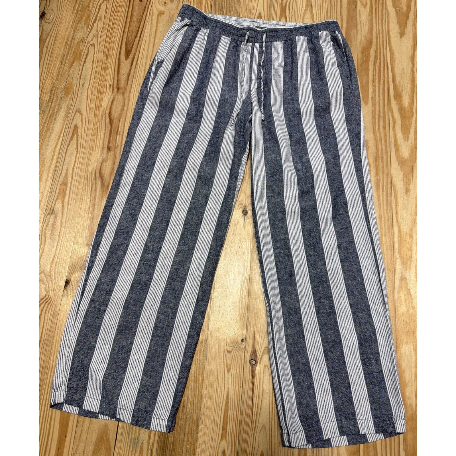 OLD NAVY Navy Blue/White Striped Woven Linen/Rayon Drawstring Pants Sz Large