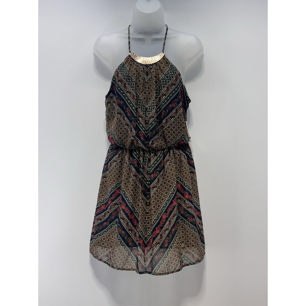 Love Reign Geometric Print Halter Spaghetti Strap Dress Green Red Women’s Size S