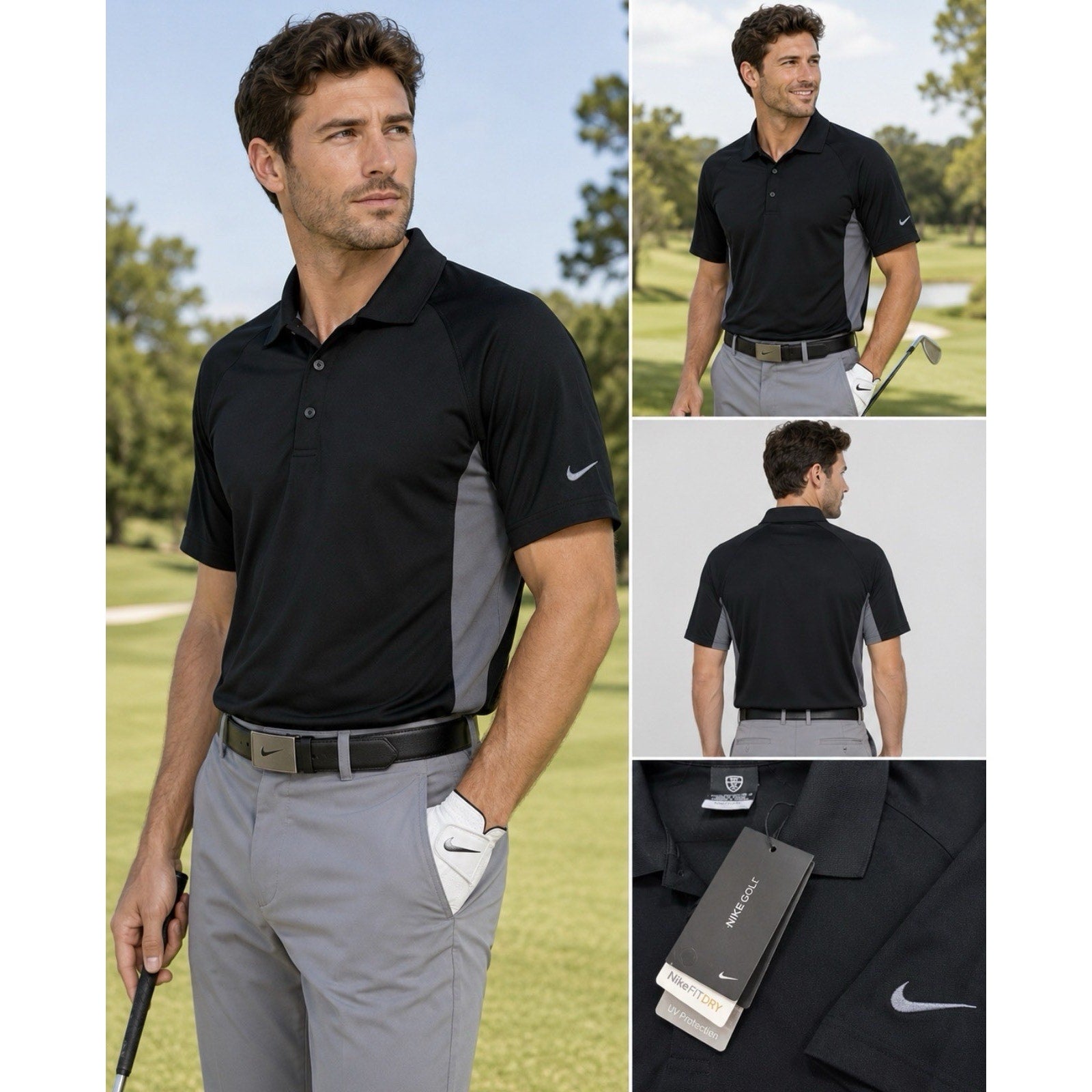 Nike Golf Dri fit Mens XS Color Block Black Gray Polo Shirt UV 193582-010 New