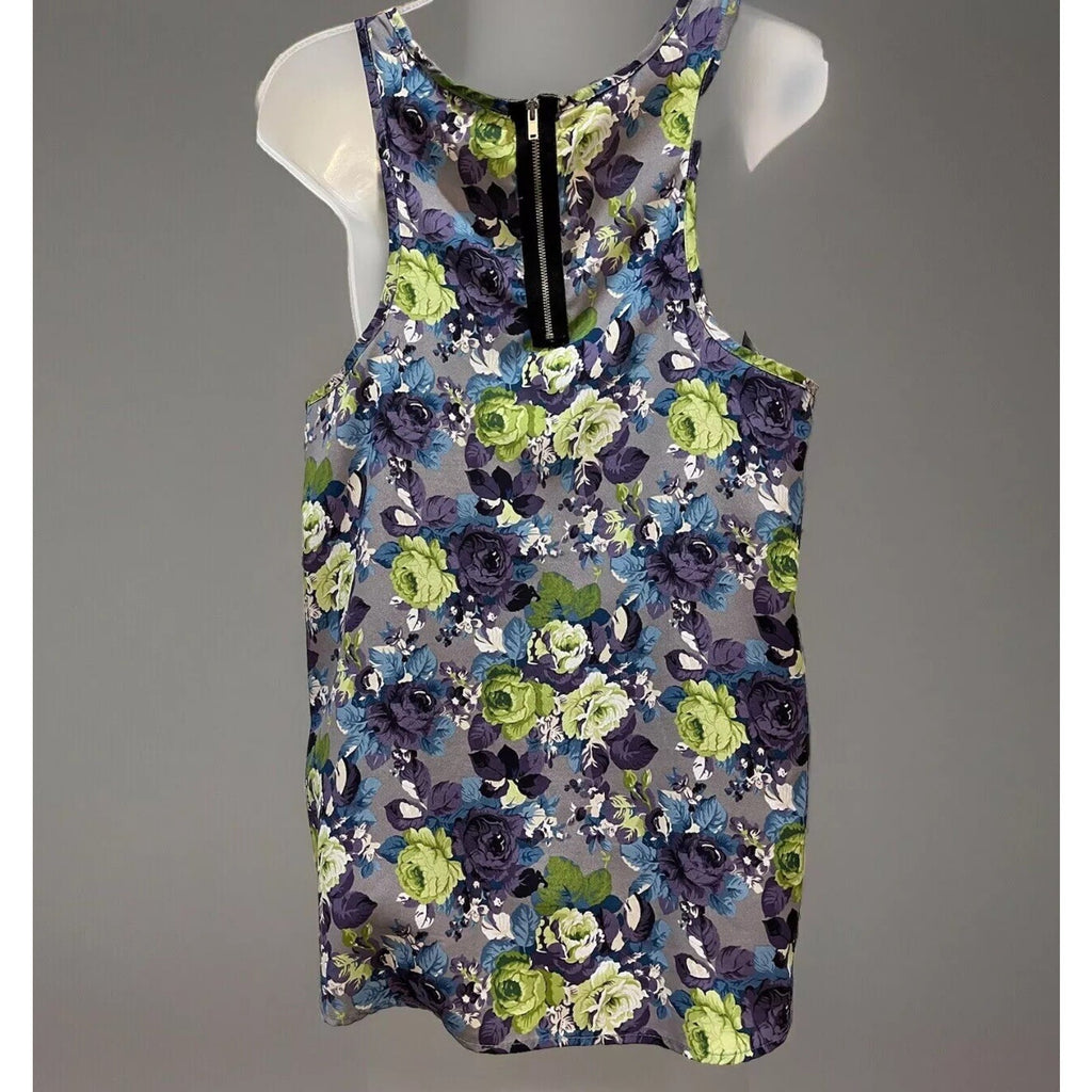 Twenty One Blouse Woman’s Blue Green Floral Sheer Tank Round Beck Pullover USA