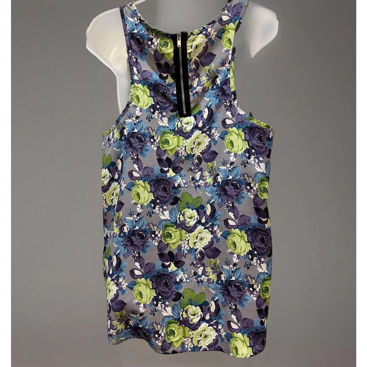 Twenty One Blouse Woman’s Blue Green Floral Sheer Tank Round Beck Pullover USA