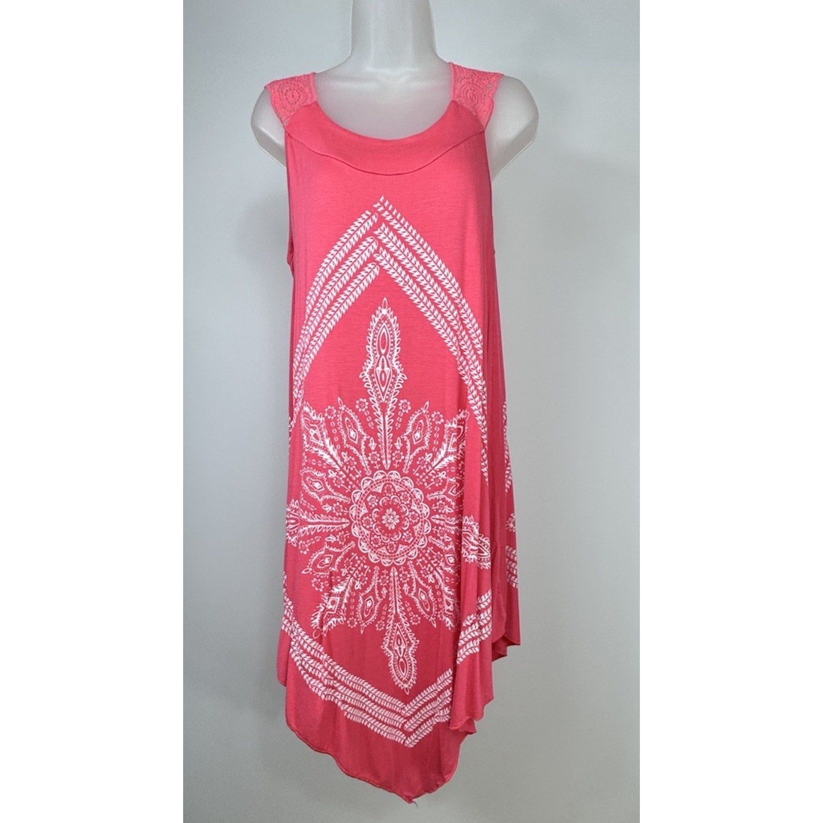 Exist Maxi Dress Womens Small/Medium Coral Leaf Print Sleeveless Crochet Boho
