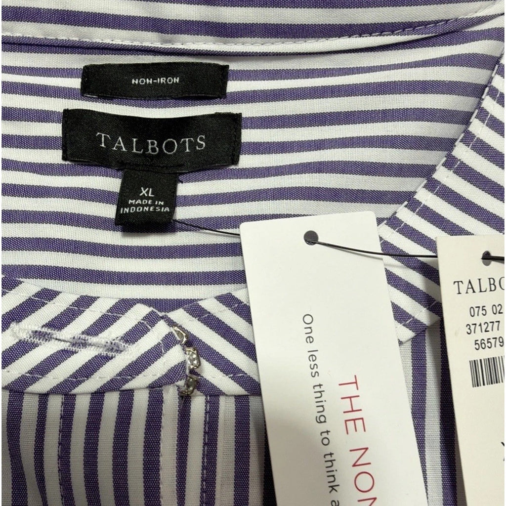TALBOTS Non Iron Band Collar Tunic XL Dreamy Striped Embellished Button New