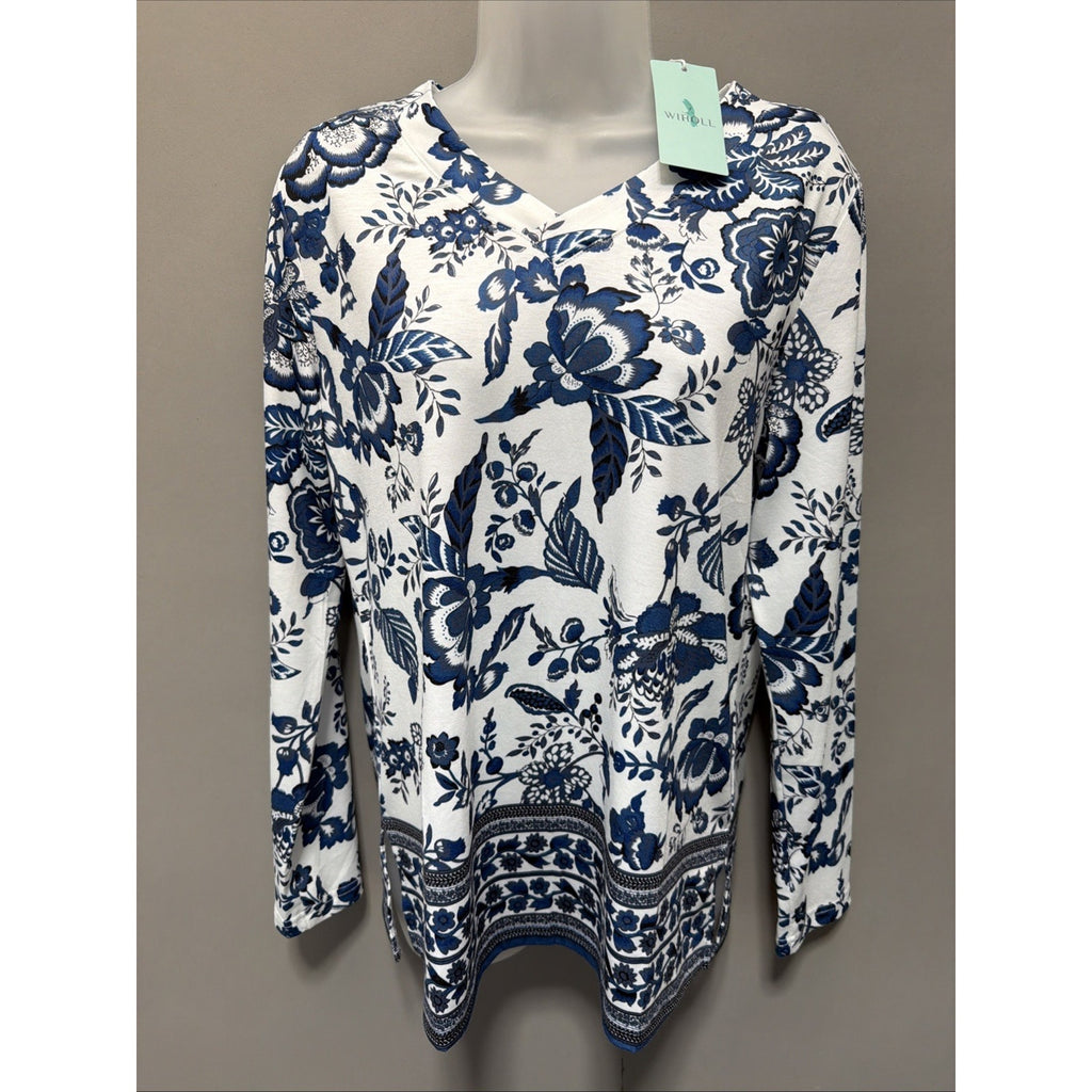 New WIHOLL Women's Blouse Top Long Sleeve V-Neck Floral Print Stretch Size M