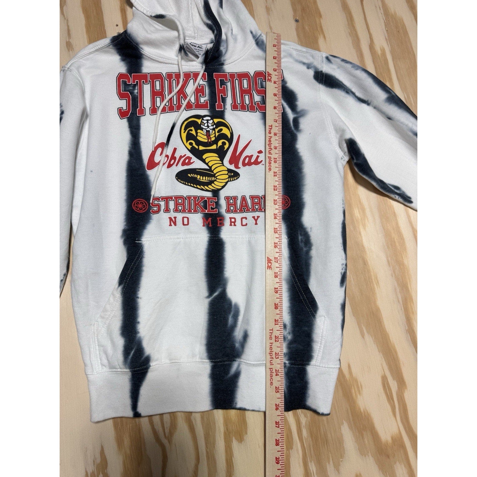 Cobra Kai Strike First Strike Hard No Mercy Hoodie Tie Dye White Black Small