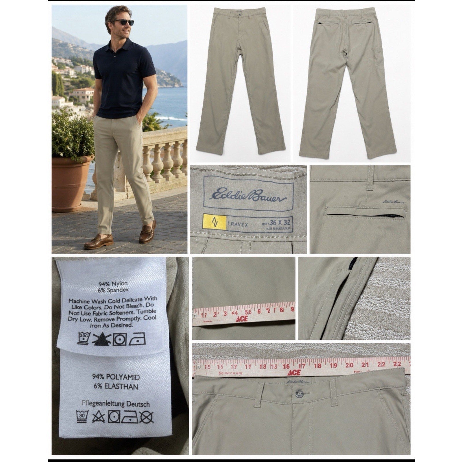 Eddie Bauer Travex Pants Mens 36x32 Khaki Stretch Travel Hiking Outdoor Zip