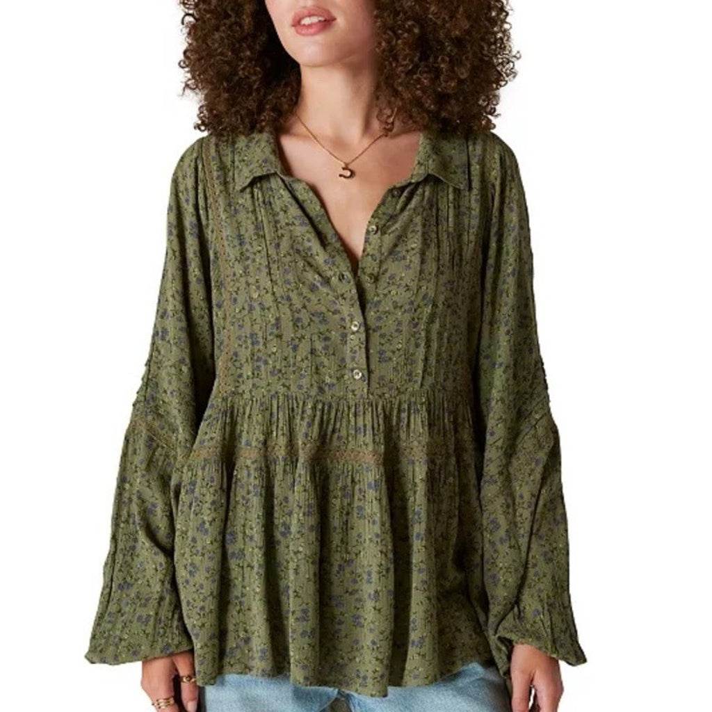 NWT Lucky Brand Blouse - Floral Print Boho Flowy Lace Trim Green Blouse -Size M