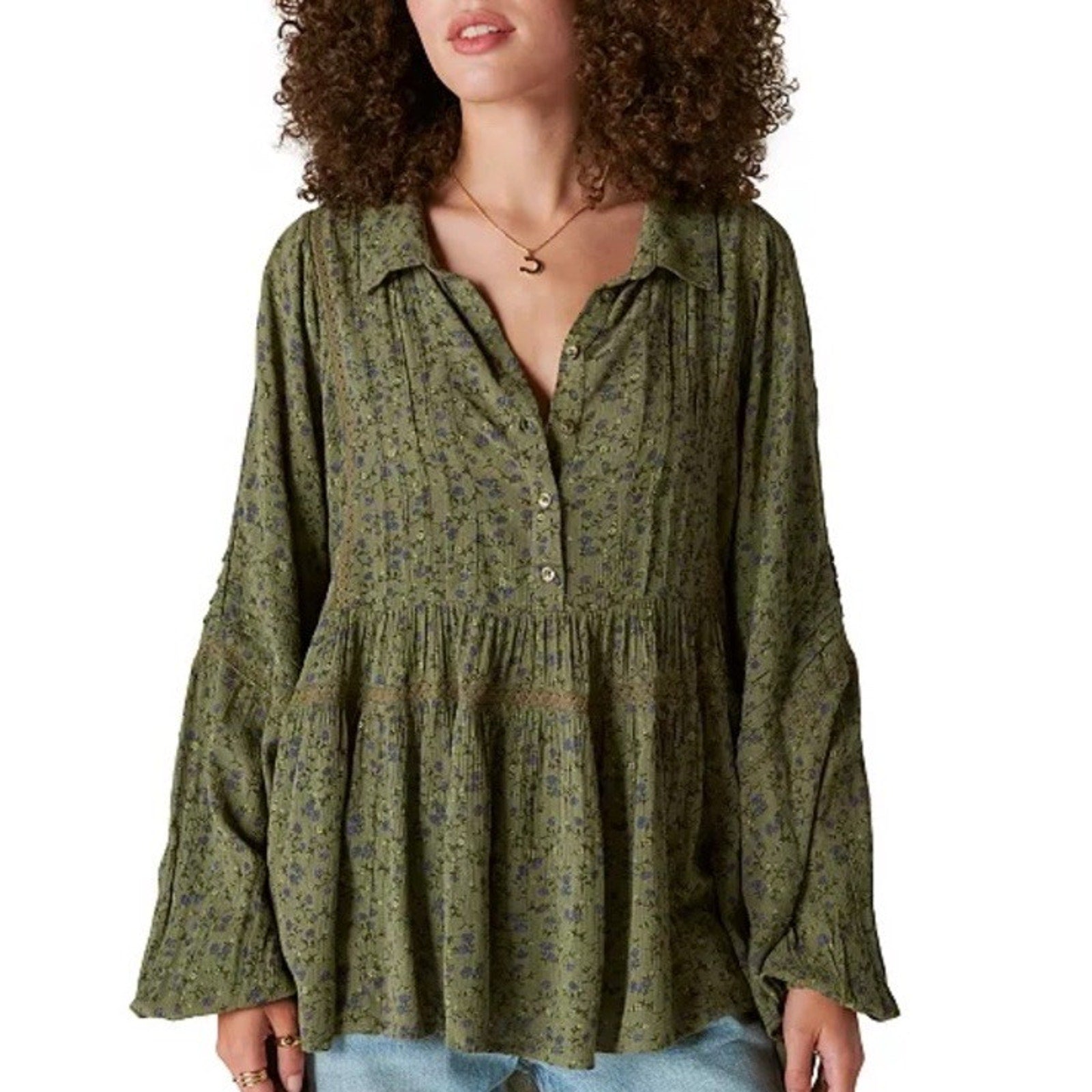 NWT Lucky Brand Blouse - Floral Print Boho Flowy Lace Trim Green Blouse -Size M