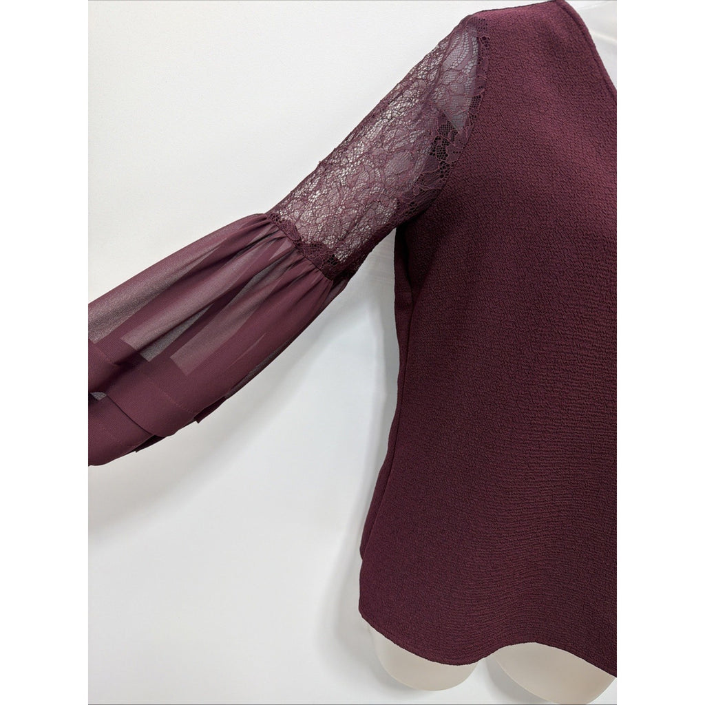 Express Burgundy Lace Balloon Sleeve Long Sleeve V-Neck Blouse Small Petite