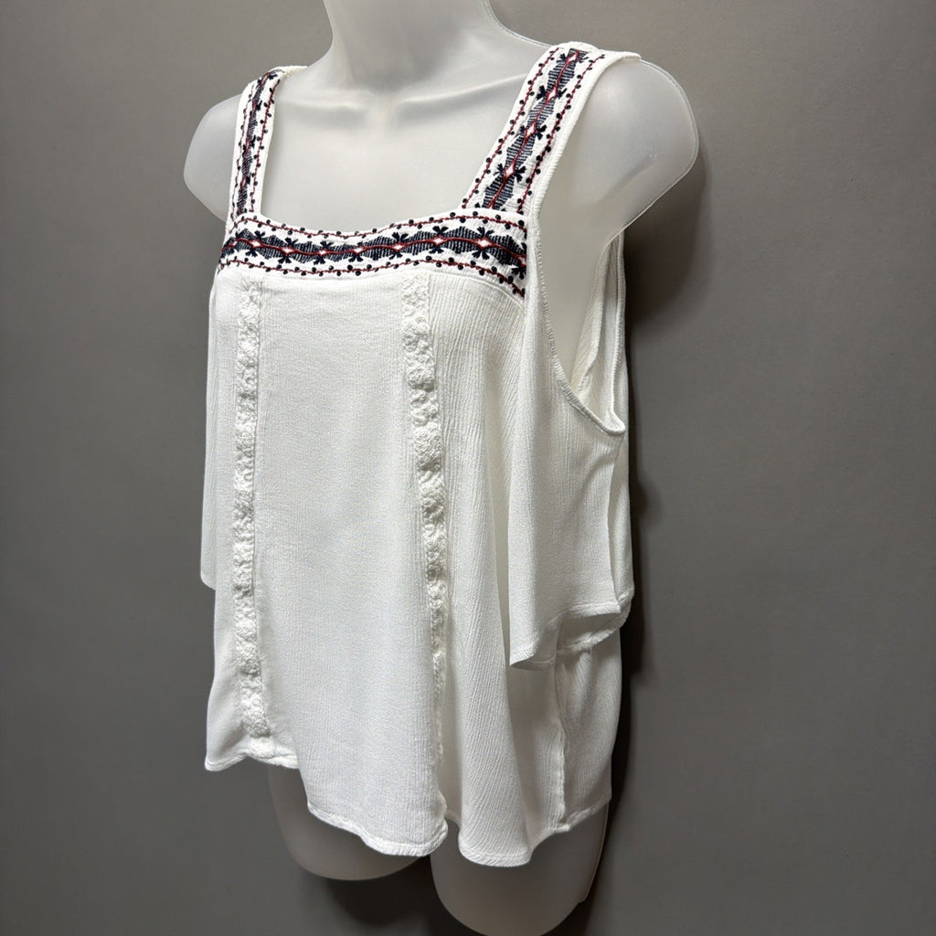 Crave Fame White Off the Shoulder Top M Bell Sleeve Lace Back Embroidered Trim