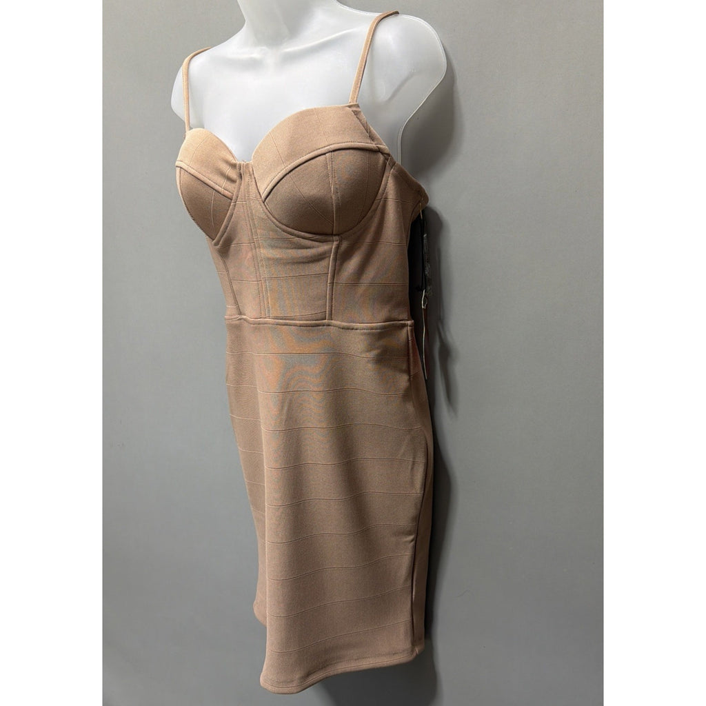 Haute Monde Woman’s Sz L Built In Bra Taupe Back Zip Bodycon Dress Stretch NWT