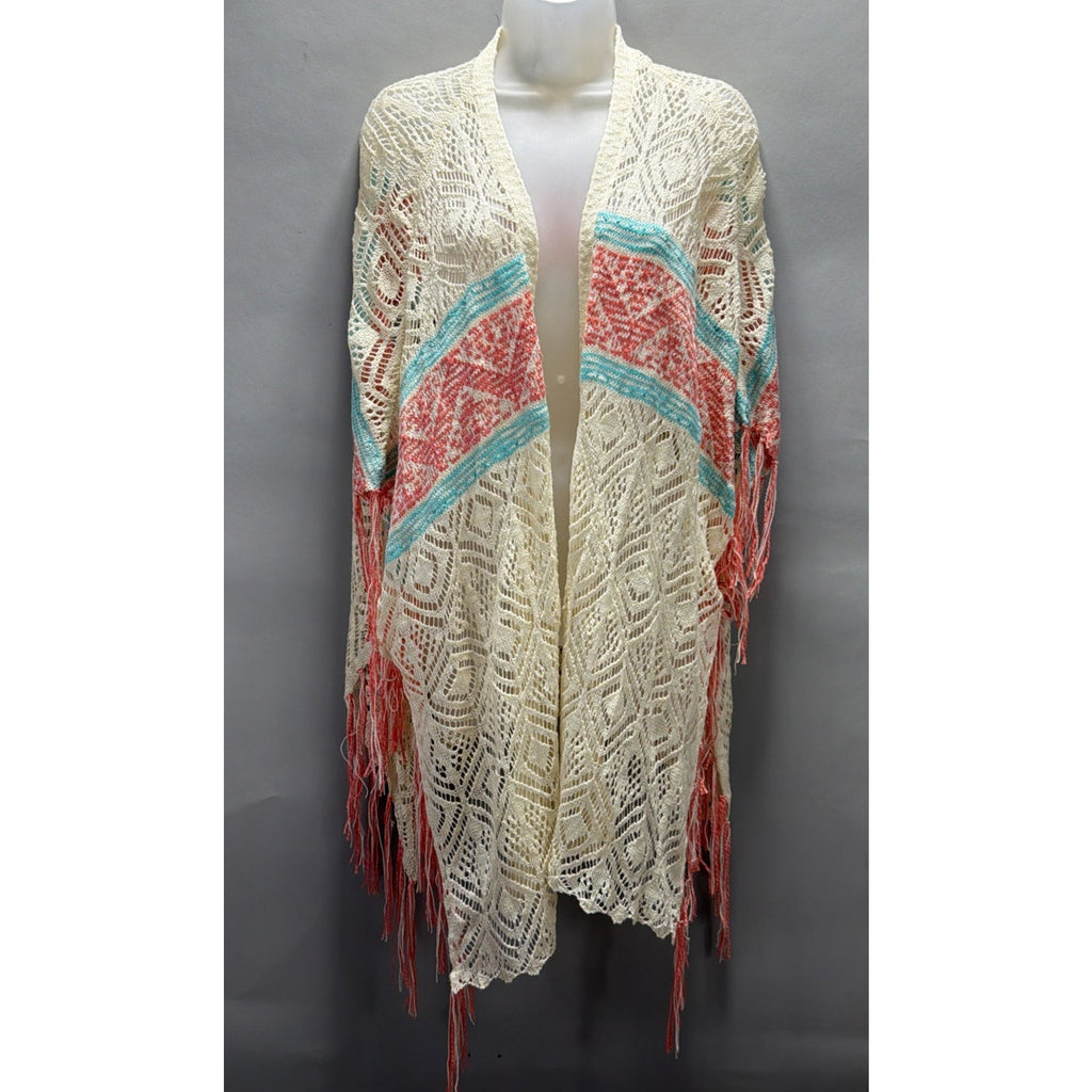Crochet Fringe Boho Festival Duster Cardigan L Coastal Western Indie NWT