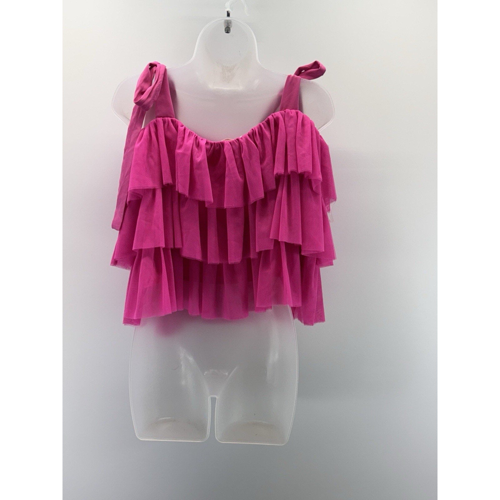 Entro Hot Pink Tiered Ruffle Tank Top Tulle Ribbon Straps Women’s Size Medium
