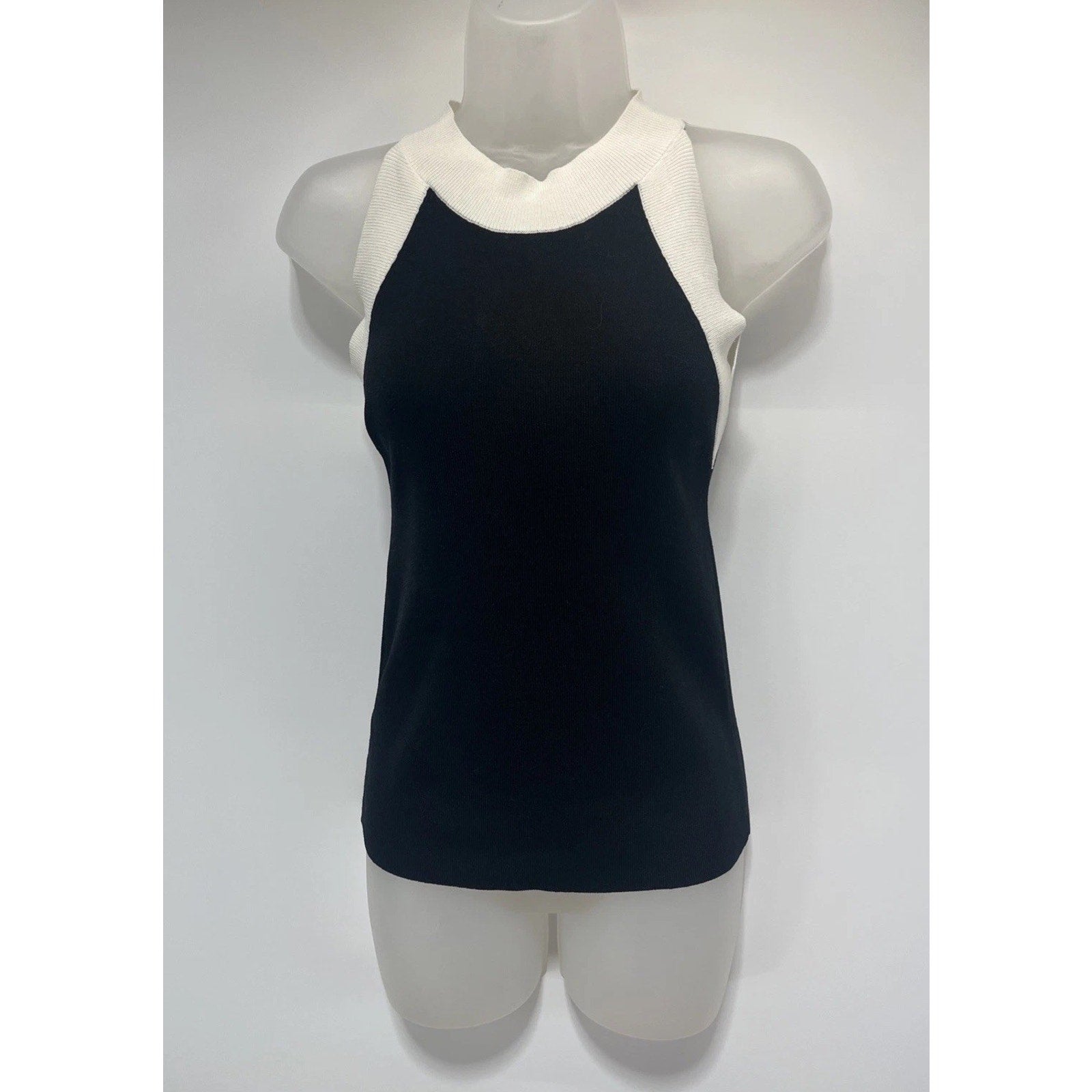 Ann Taylor Factory Tank Top- Black White Colorblock -Front-Knit-Sleeveless XS