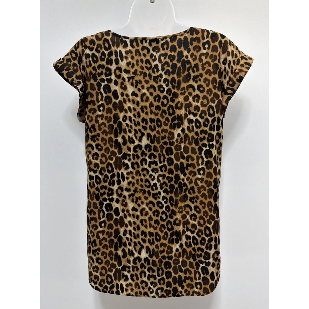 Express Shirt Women M Brown Cheetah Print Short Sleeve V Neck Blouse Stretch