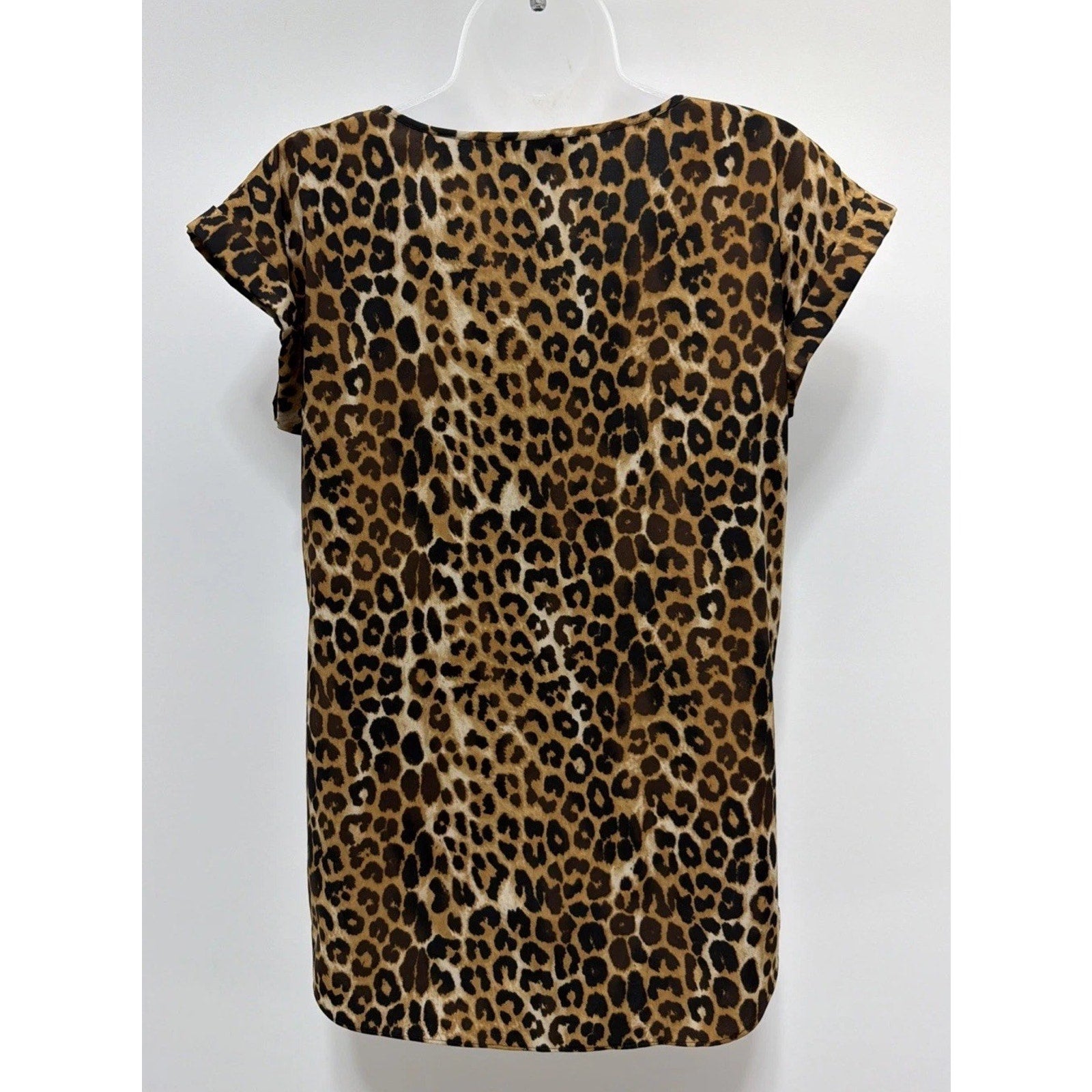 Express Shirt Women M Brown Cheetah Print Short Sleeve V Neck Blouse Stretch