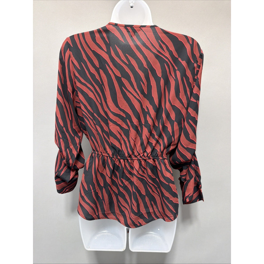 Express Red Zebra Animal Print Zip Front Tie Waist Blouse Size XS Career