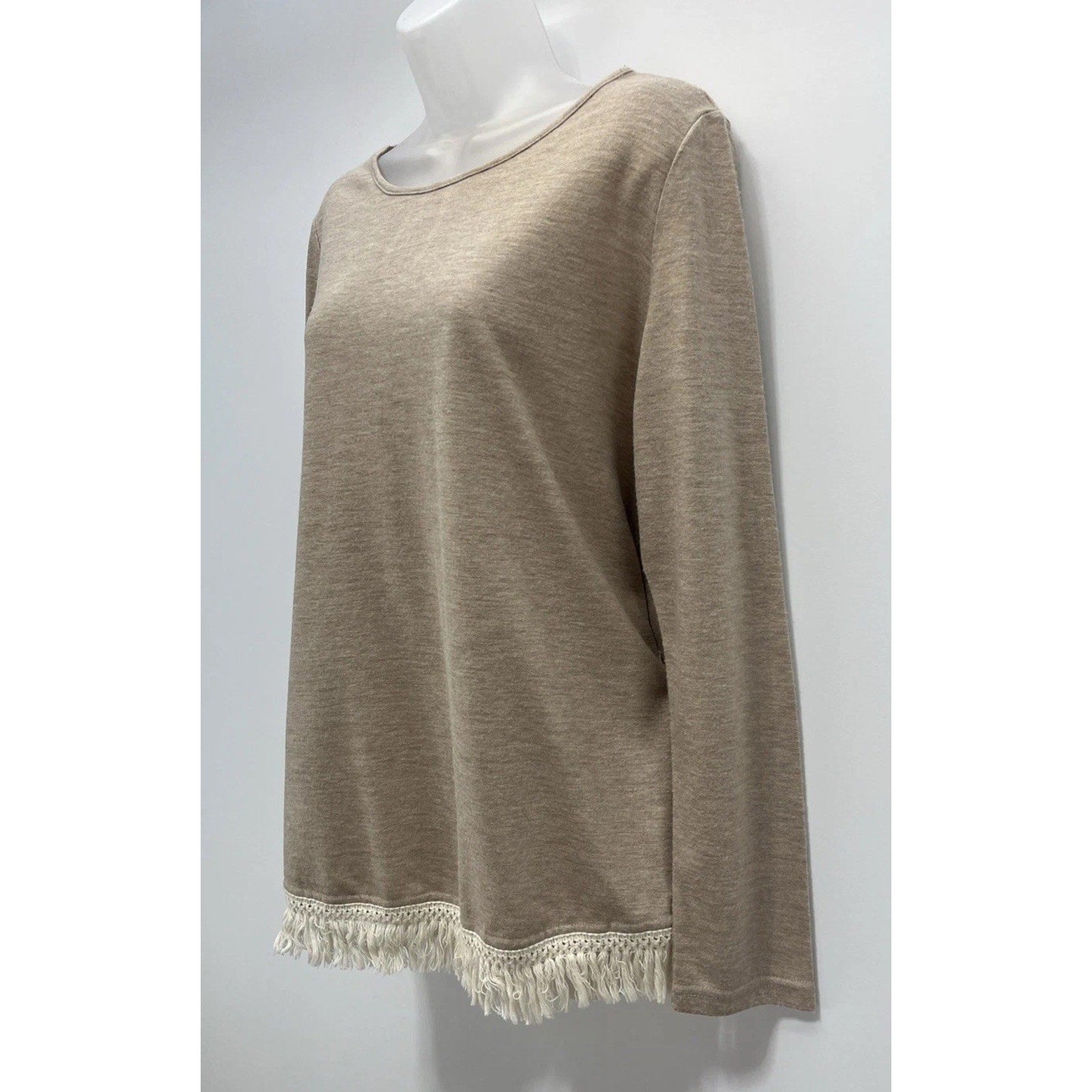 YA Los Angeles Boho Top Shirt Womens Large Brown Waffle Knit Fringe Long Sleeve