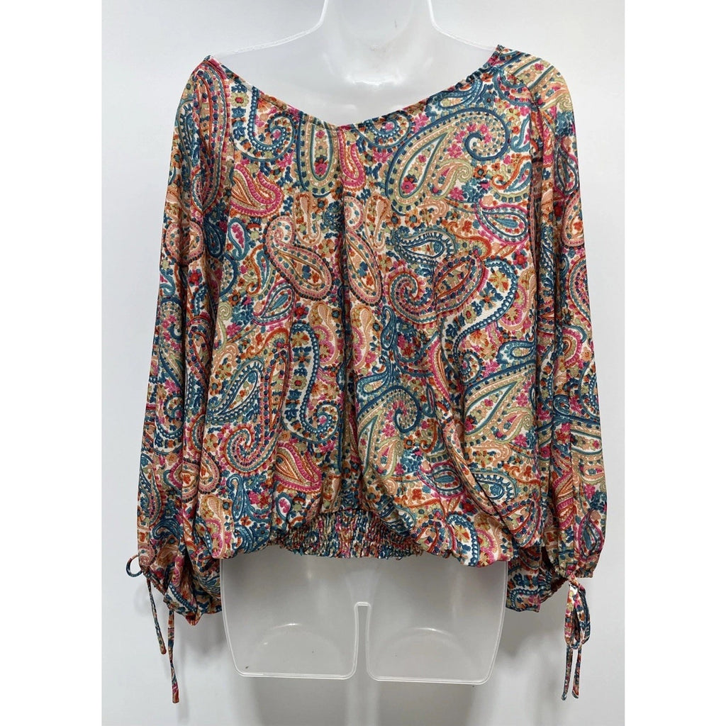 Umgee Women's Paisley Dolman Sleeve V-Neck Blouse Blue Pink Yellow Size S