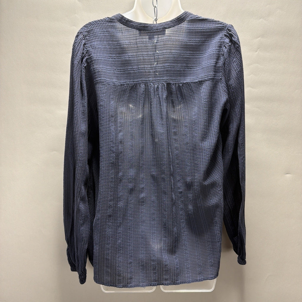 Loft Women's Long Sleeve Blouse Top Tie V Neck Textured Blue Size Medium