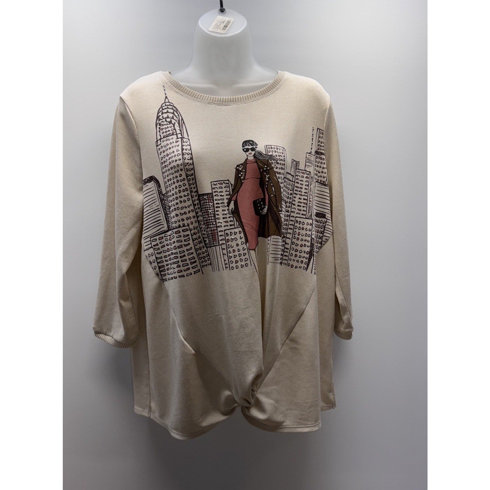 Kiss & Fly City Scape Fashion Theme Rhinestone Long Sleeve Top Women's Size L