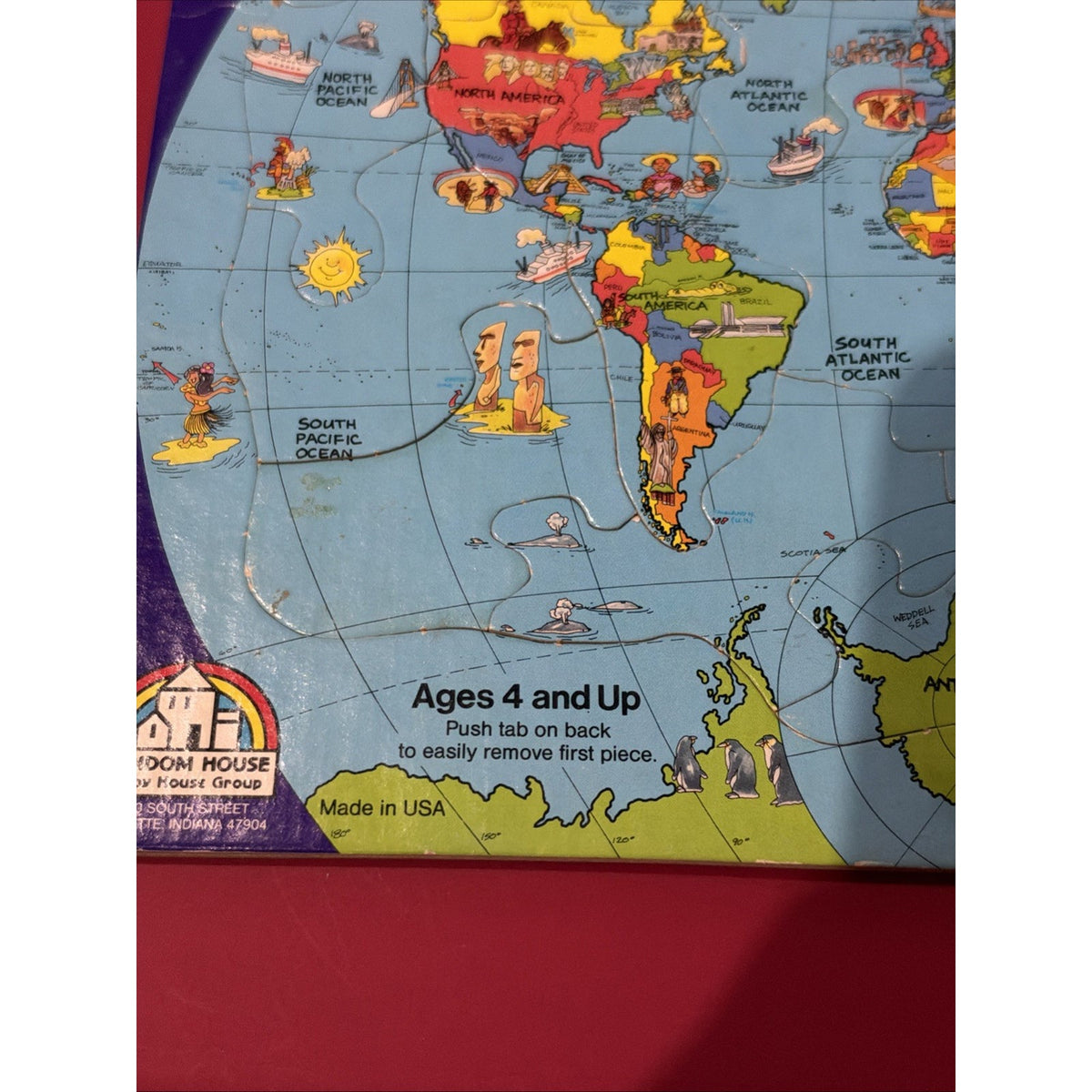 1989 Random House Schoolhouse Landmark Map of the World Frame Tray Puzzle USA