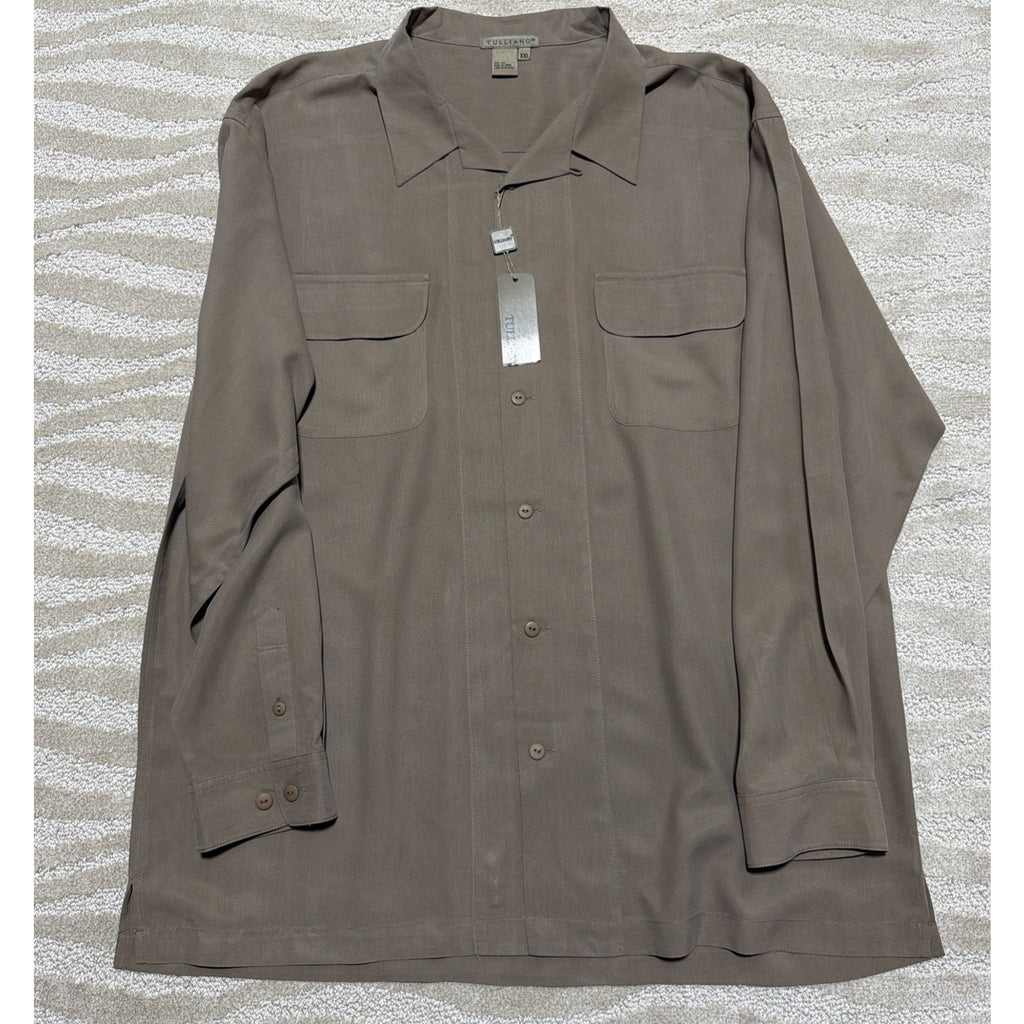 Tulliano 100% Silk Taupe Button Front Shirt Menswear 2XL Luxury Pocket NWT