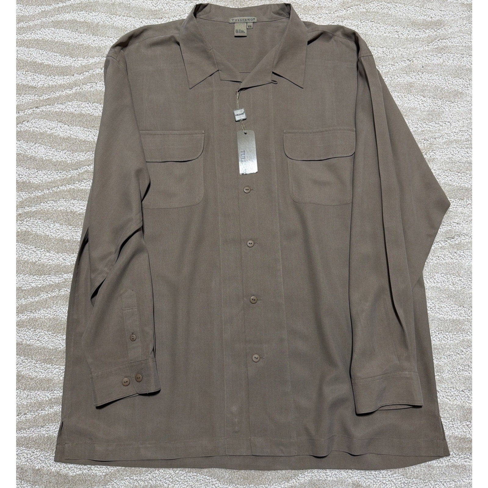 Tulliano 100% Silk Taupe Button Front Shirt Menswear 2XL Luxury Pocket NWT