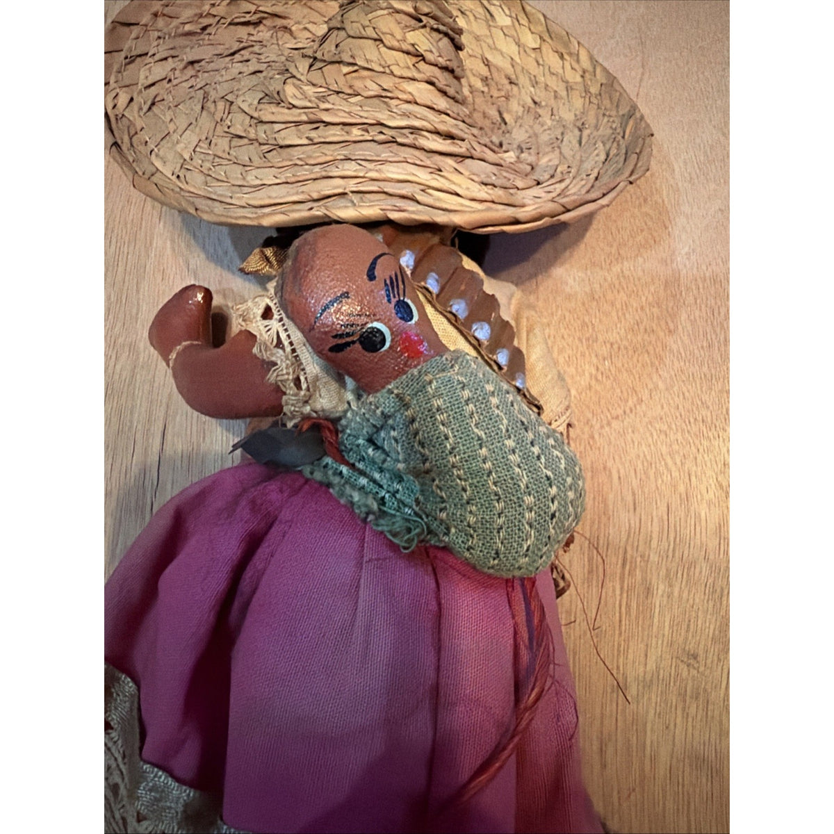 Vintage Mexican Folk Art Mother Baby Doll Sombrero Bowl Pink Dress 14” Souvenir