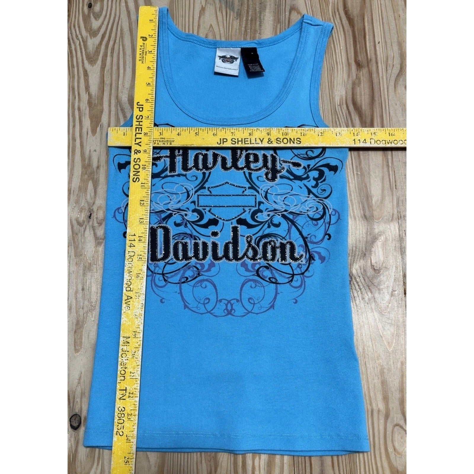 Vtg Harley Davidson Blue/black Tank Top With Rhinestones- Size Womens M Made USA