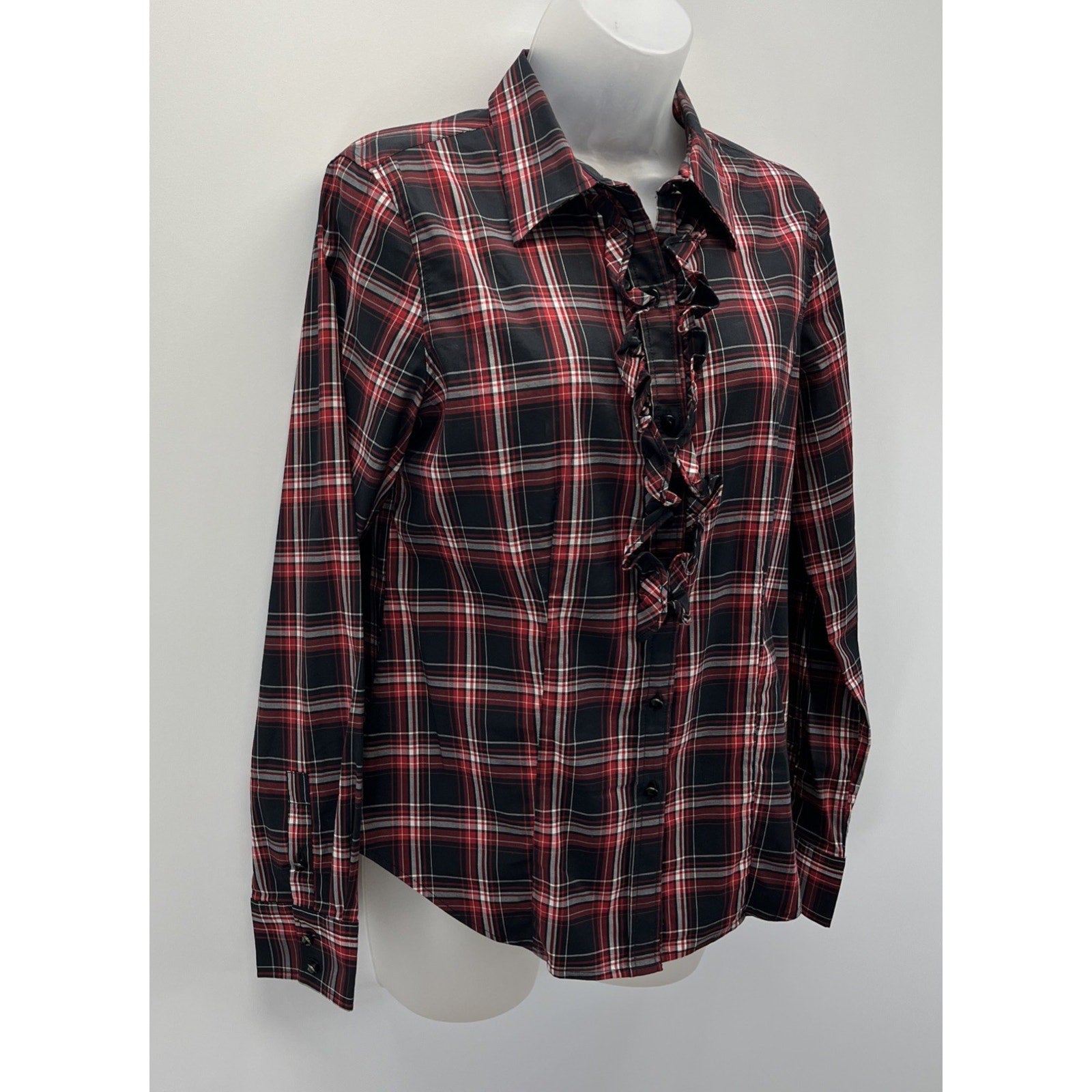 Talbots Black Red White Plaid Stretch Ruffle Button Down Blouse Size 6