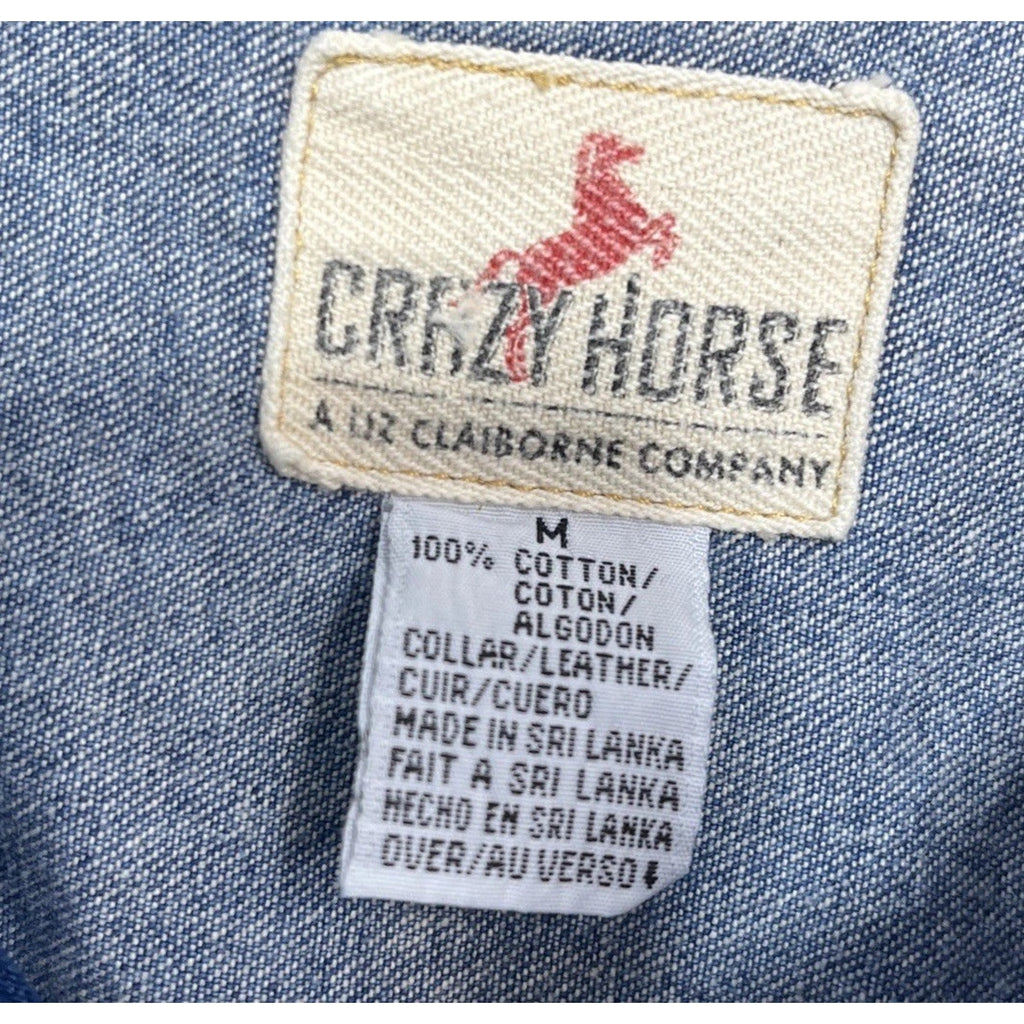 Vtg Crazy Horse Liz Claiborne Denim Vest Leather Collar Full Zip Sz M