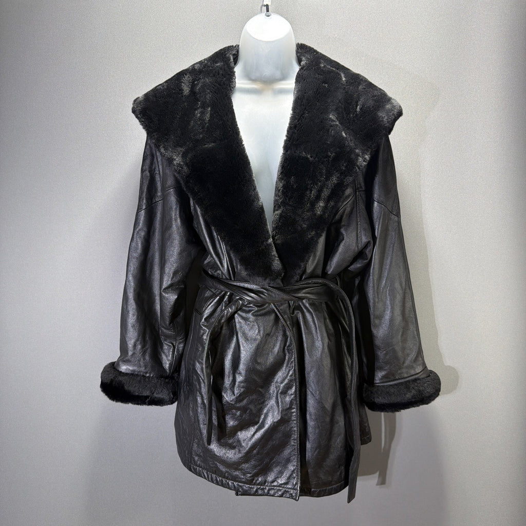 Vintage Wilsons Women's Large Black Leather Belted Coat Faux Fur Accents Lined