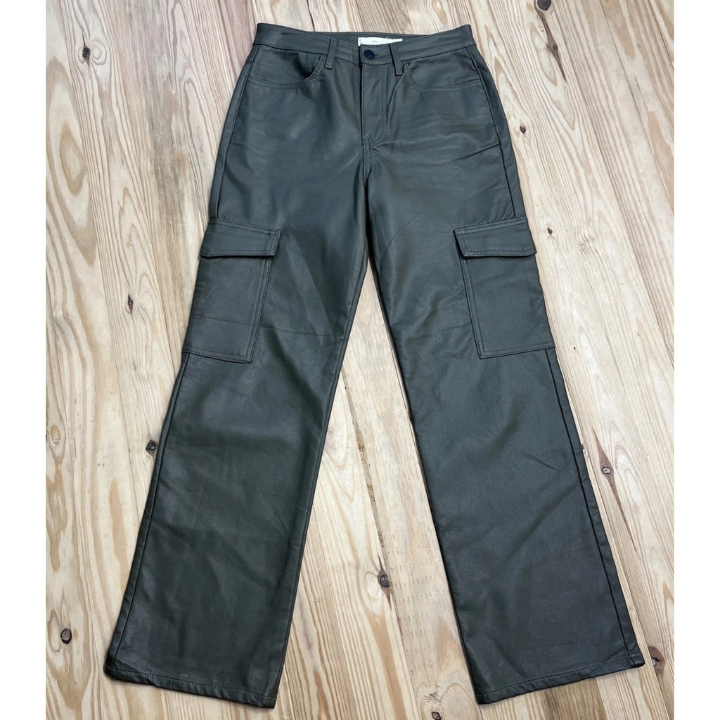 Tgla Womens Vegan Leather Cargo Straight Leg Olive Green Pants New Size 5/27