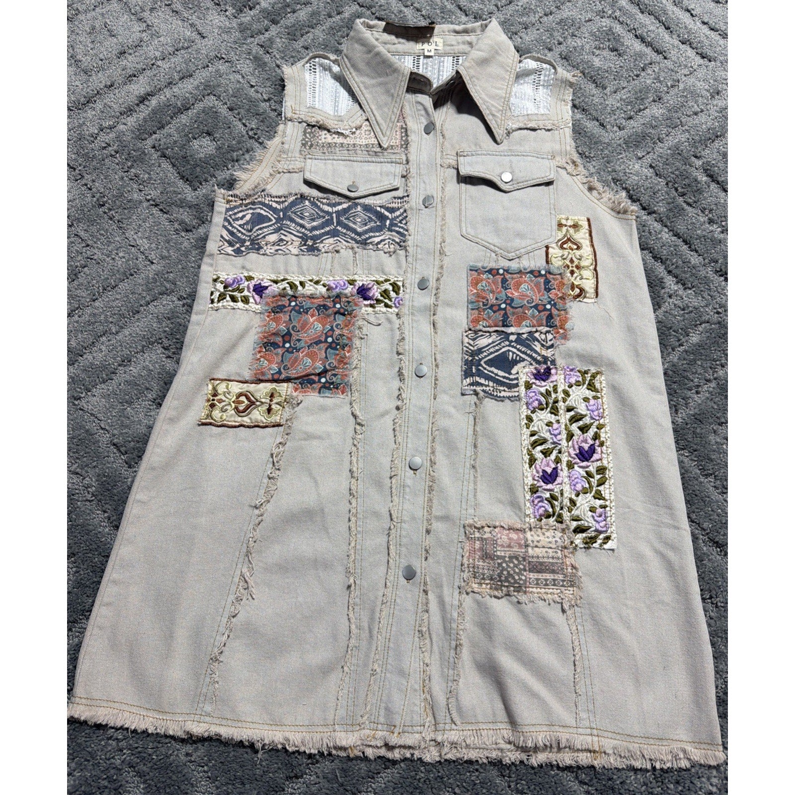 POL M Denim Patchwork Embroidered Boho Sleeveless Double Gauze Vest Dress New