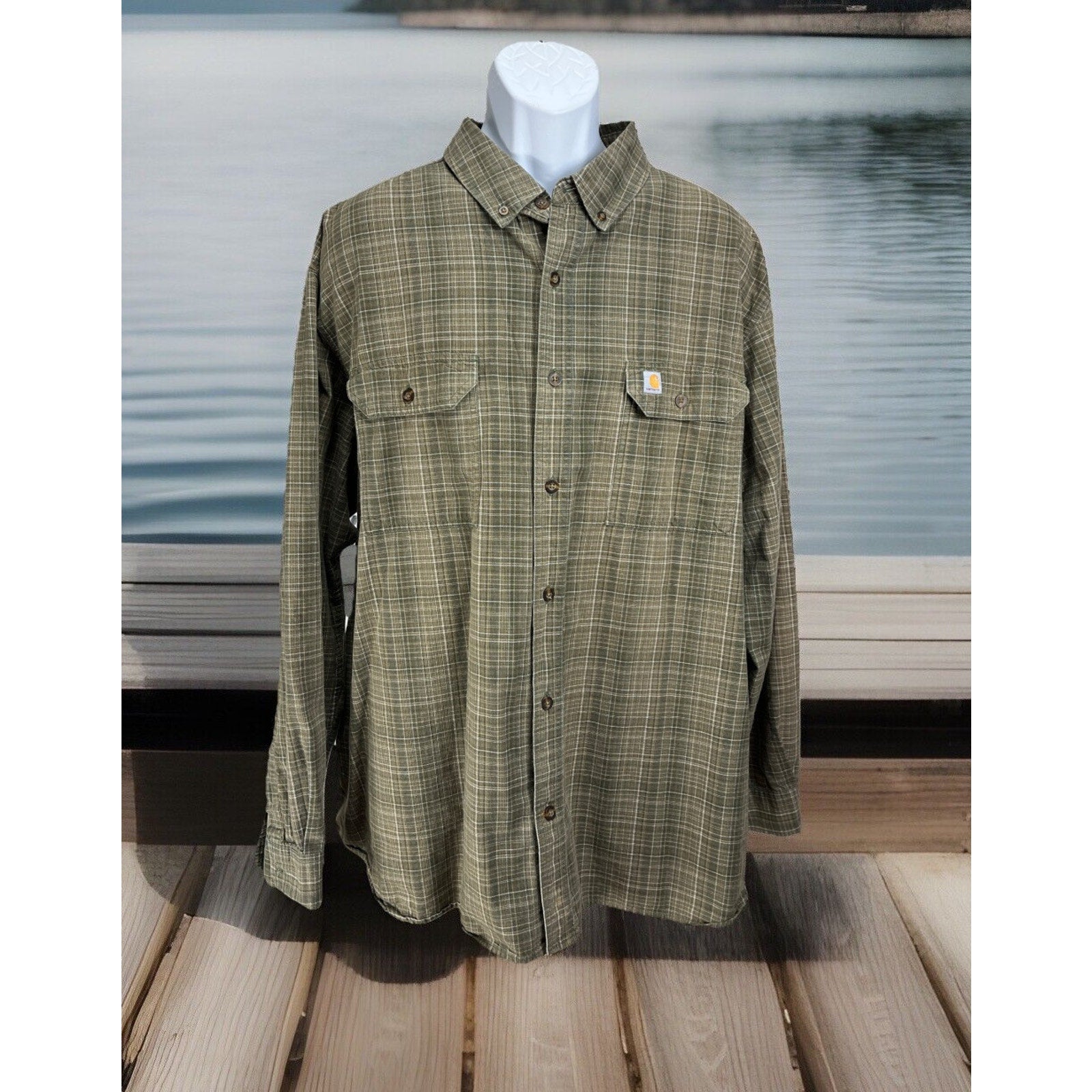 Carhartt Flannel Shirt Men's Size XL Heavyweight Cotton Plaid Original Fit Green