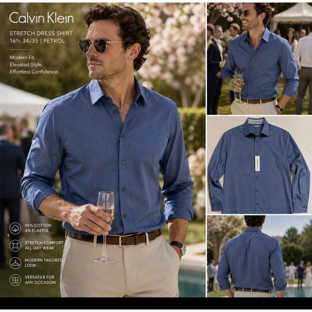 Calvin Klein Dress Shirt Mens 16.5 34/35 Blue Stretch Button Up Long Sleeve NWT