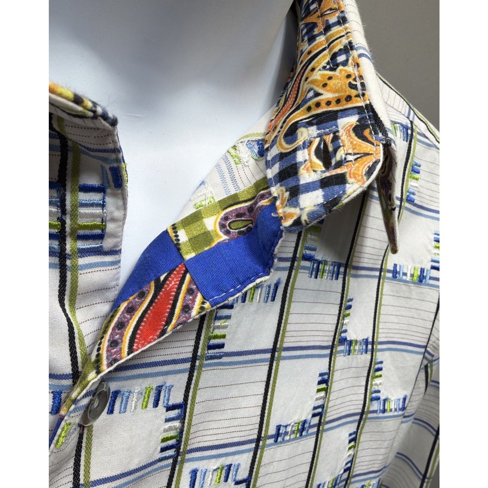 Robert Graham Shirt M White Windowpane Flip Cuff Embroidered Button Up Mens