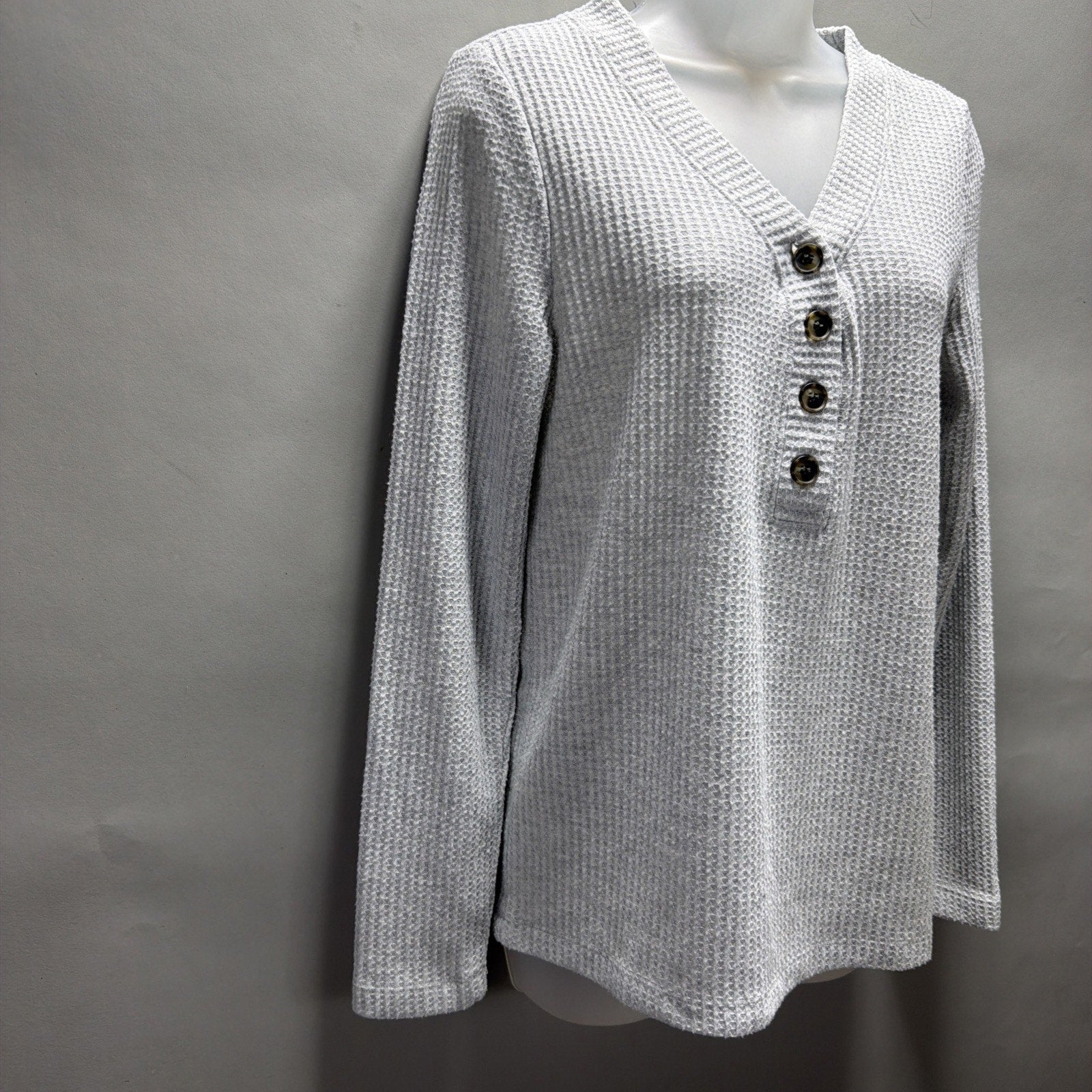 Loft Women's Gray Long Sleeve V Neck Waffle Knit Top Size Medium