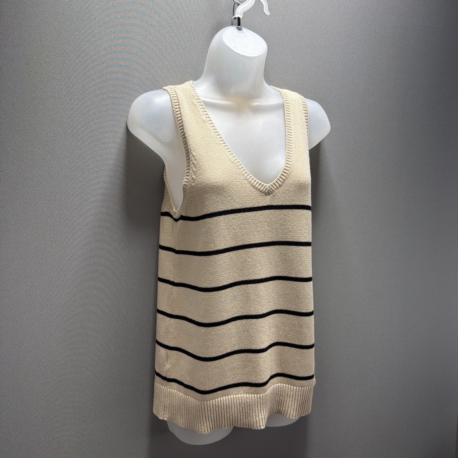 Loft Outlet Tan Knit Coastal Stripe Sweater Vest Sleeveless V neck Size Medium